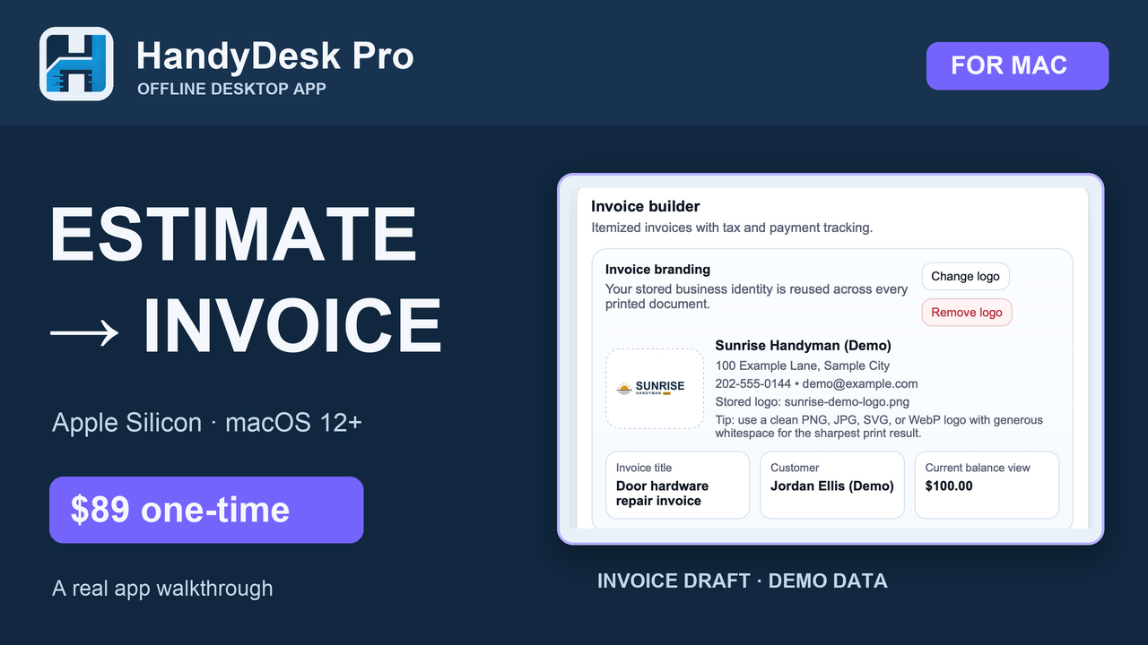 HandyDesk Pro demo showing an estimate copied to an invoice